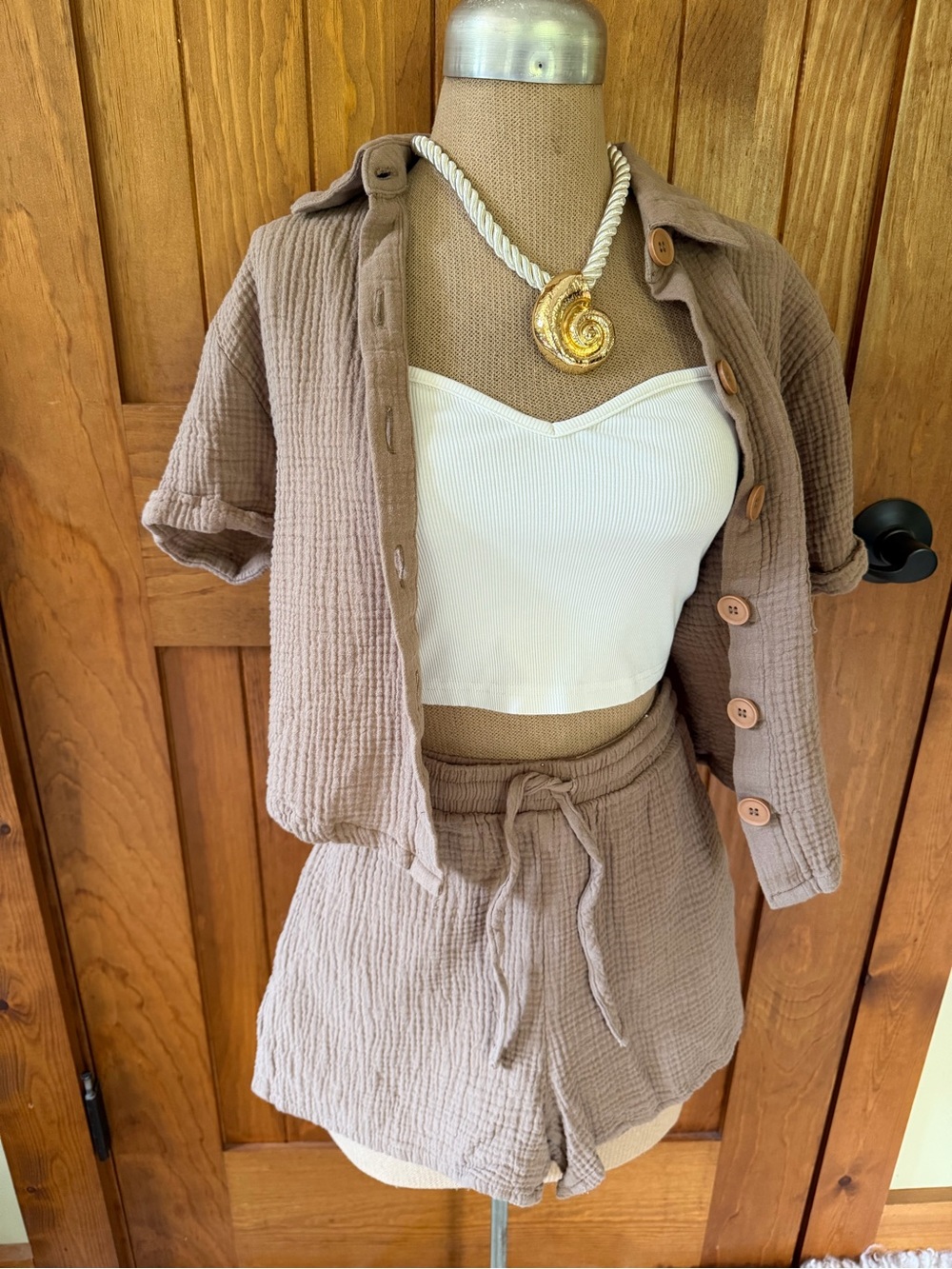 Two-Piece Taupe Brown Button Front Short Set Gauze-Like Cotton
